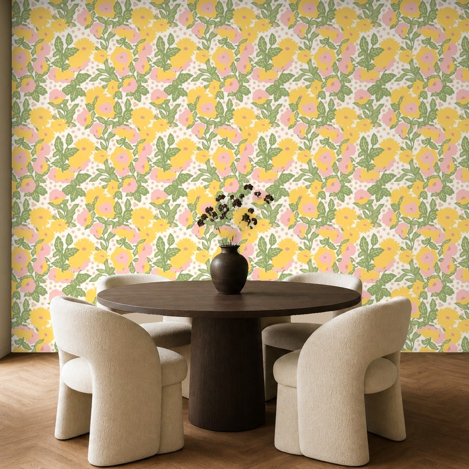 yellow floral wallpaper dining room wall