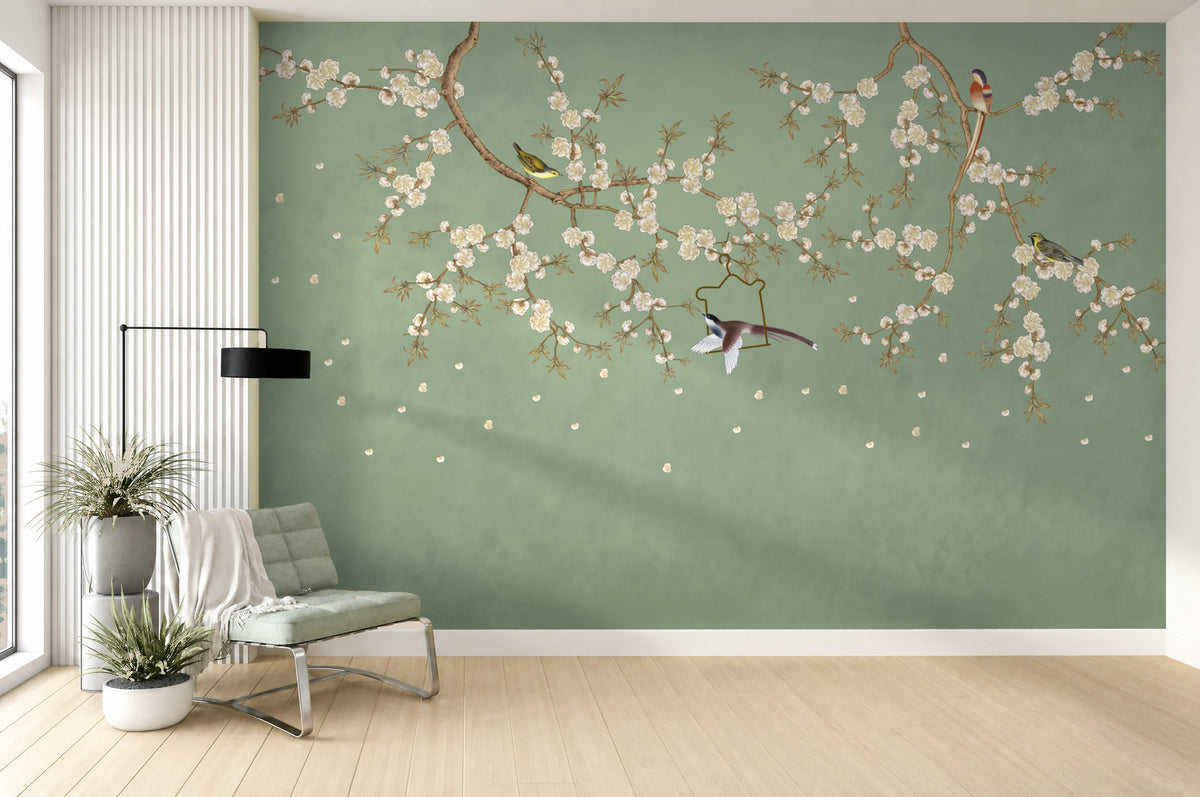 chinoiserie cherry blossom wallpaper living room wall