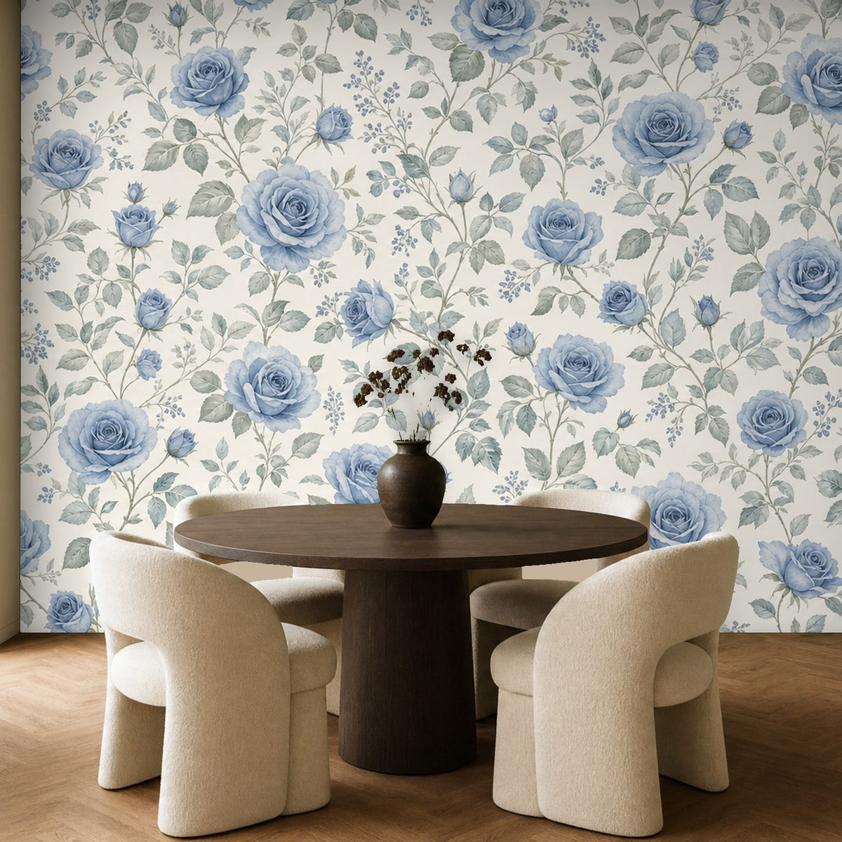 blue rose wallpaper dining room wall