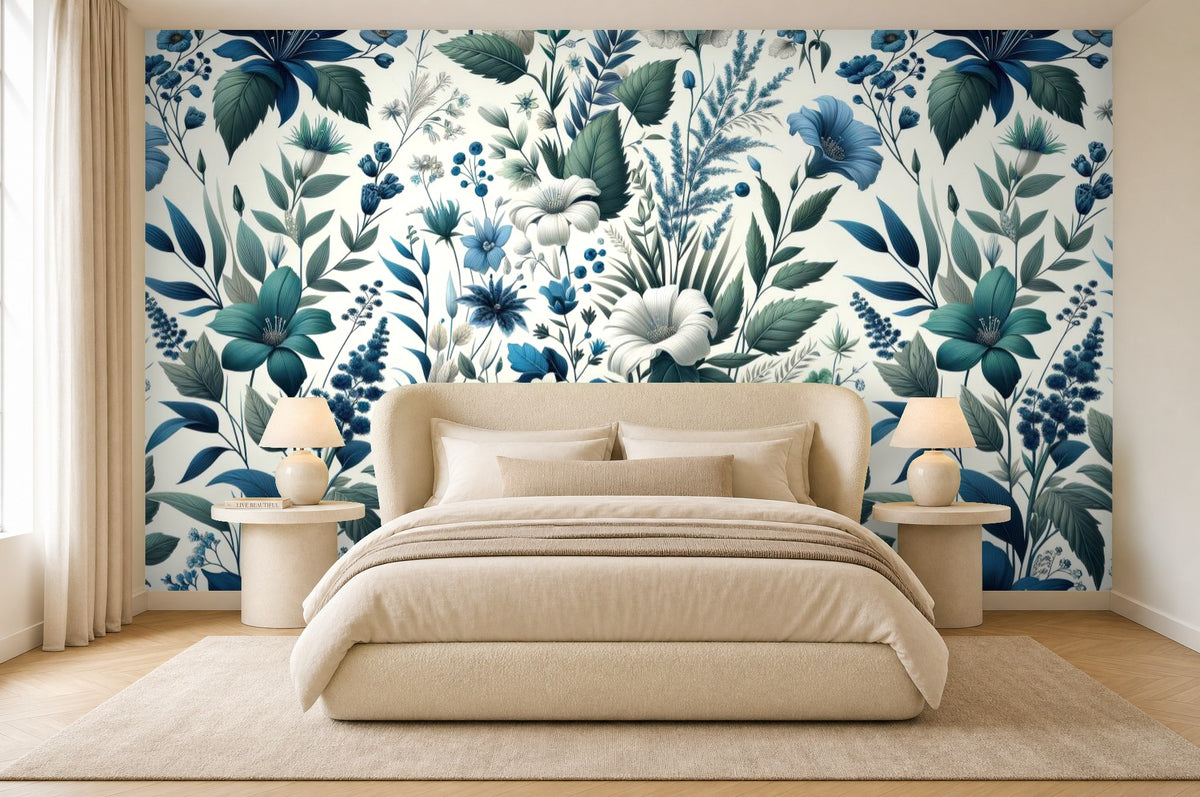 light blue floral wallpaper in a bedroom