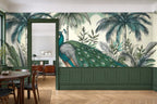 Navy peacock wallpaper — mural above green panelling