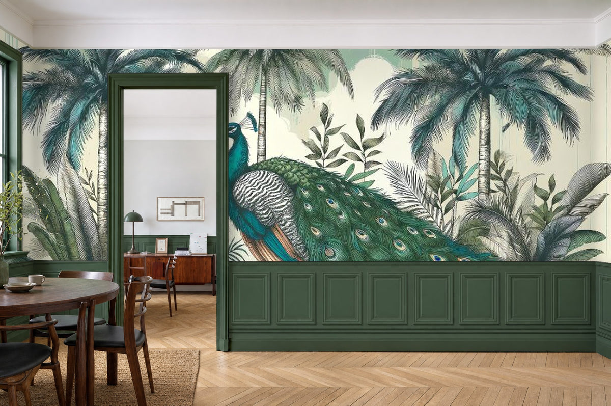 Navy peacock wallpaper — mural above green panelling
