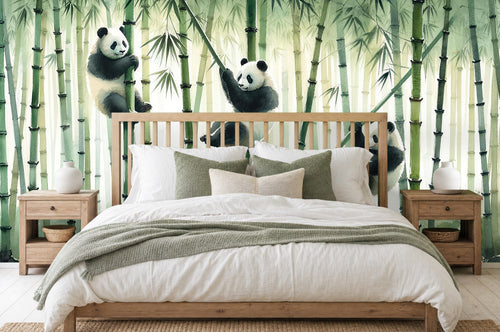 bamboo leaf wallpaper in a bedroom