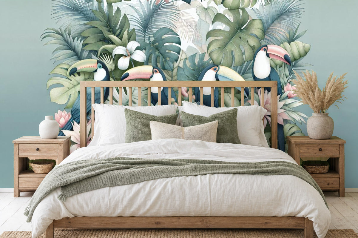 tropical floral wallpaper in a bedroom