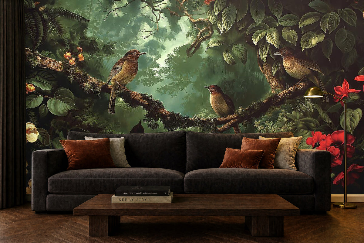 beautiful wallpaper of birds in a living room