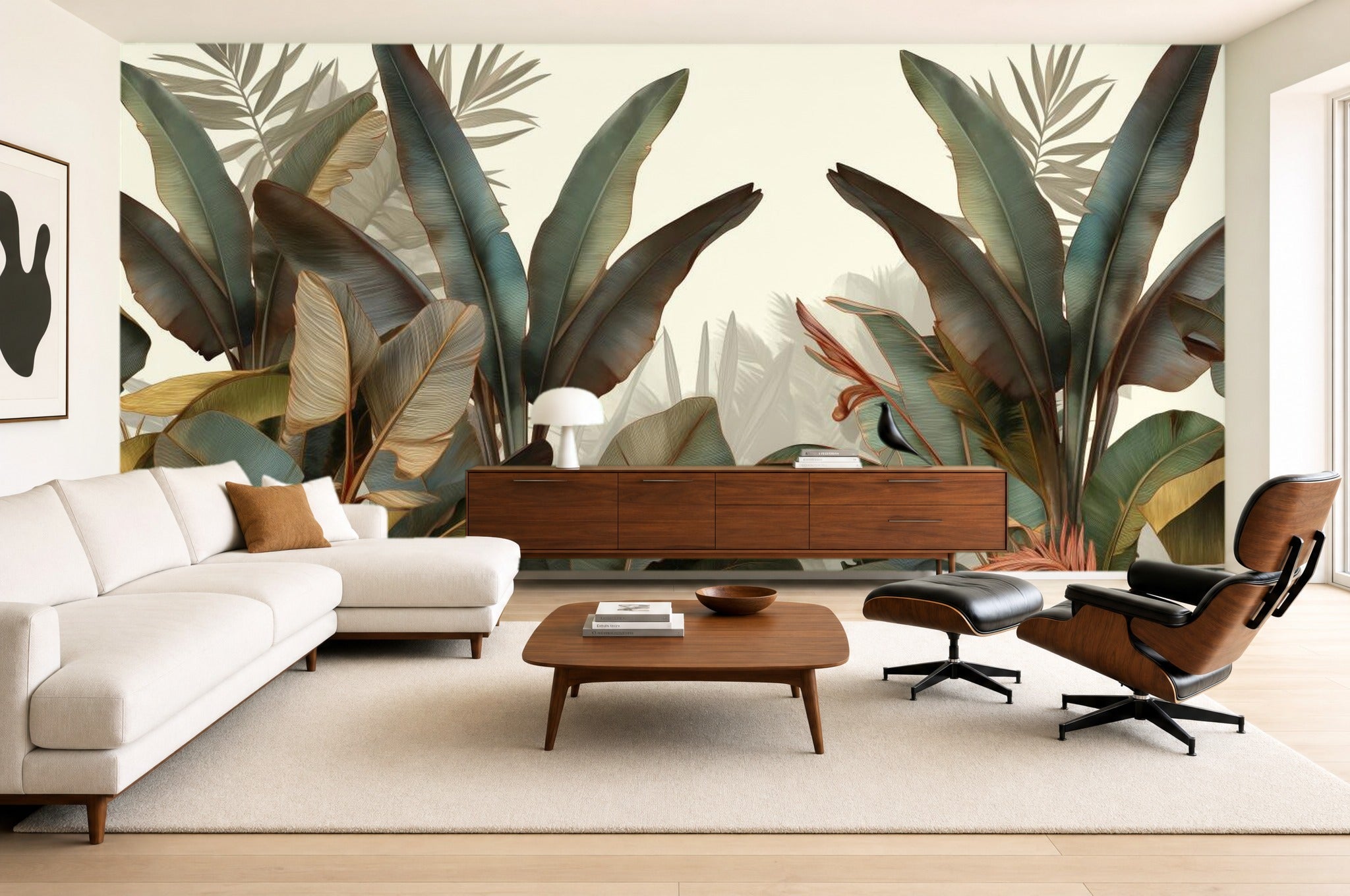 Beige Leaf Wallpaper — mural in a styled living room