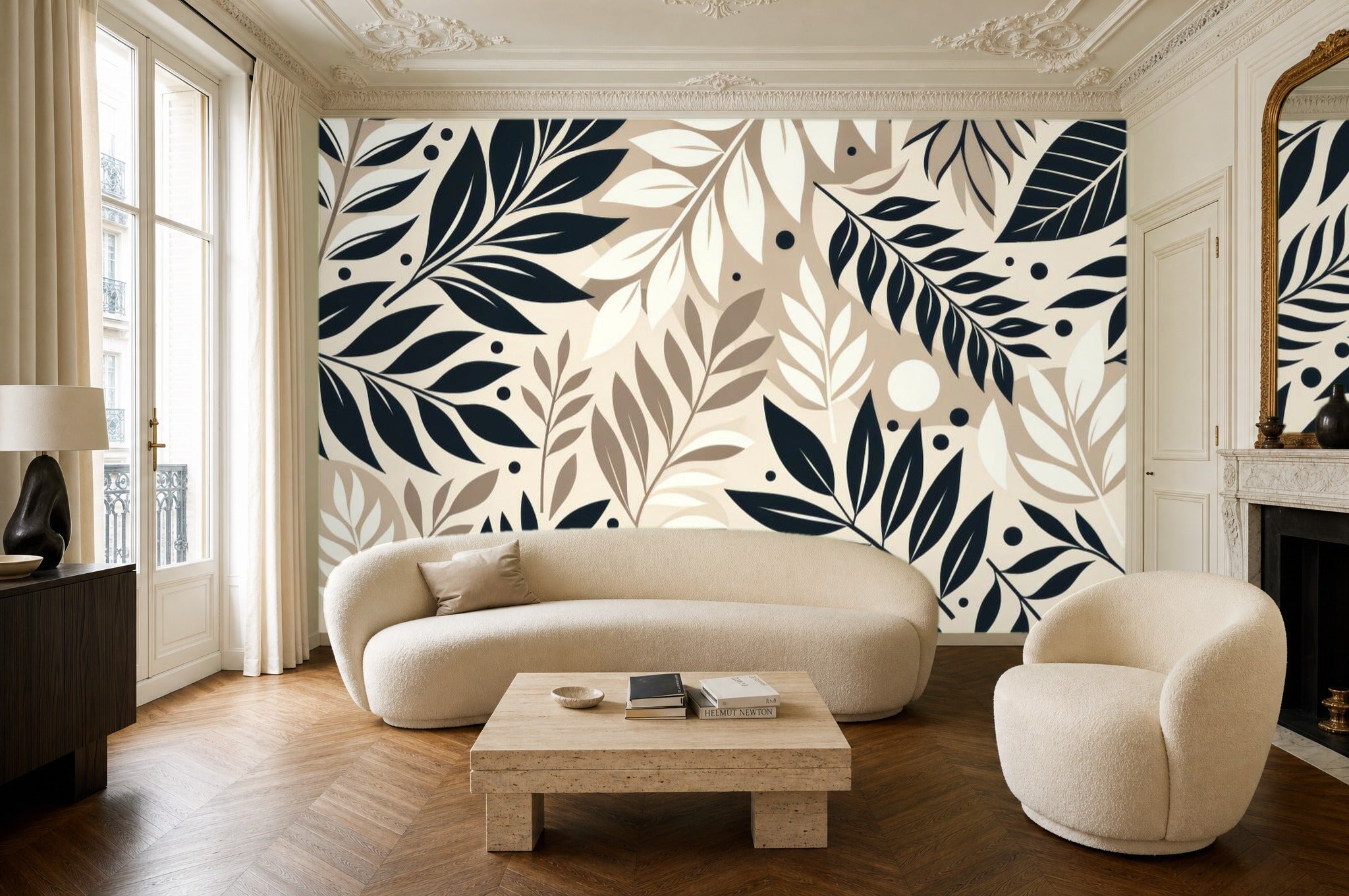 Big Leaf Wallpaper — mural in a styled living room