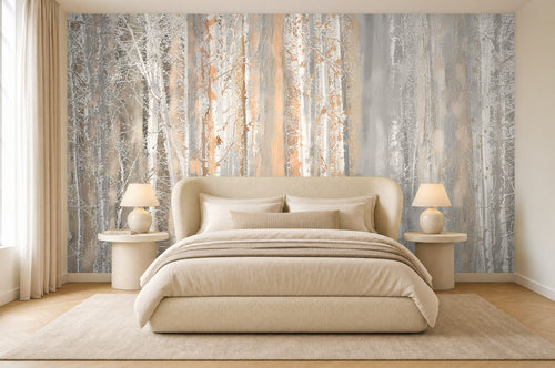 birch tree wallpaper in a bedroom
