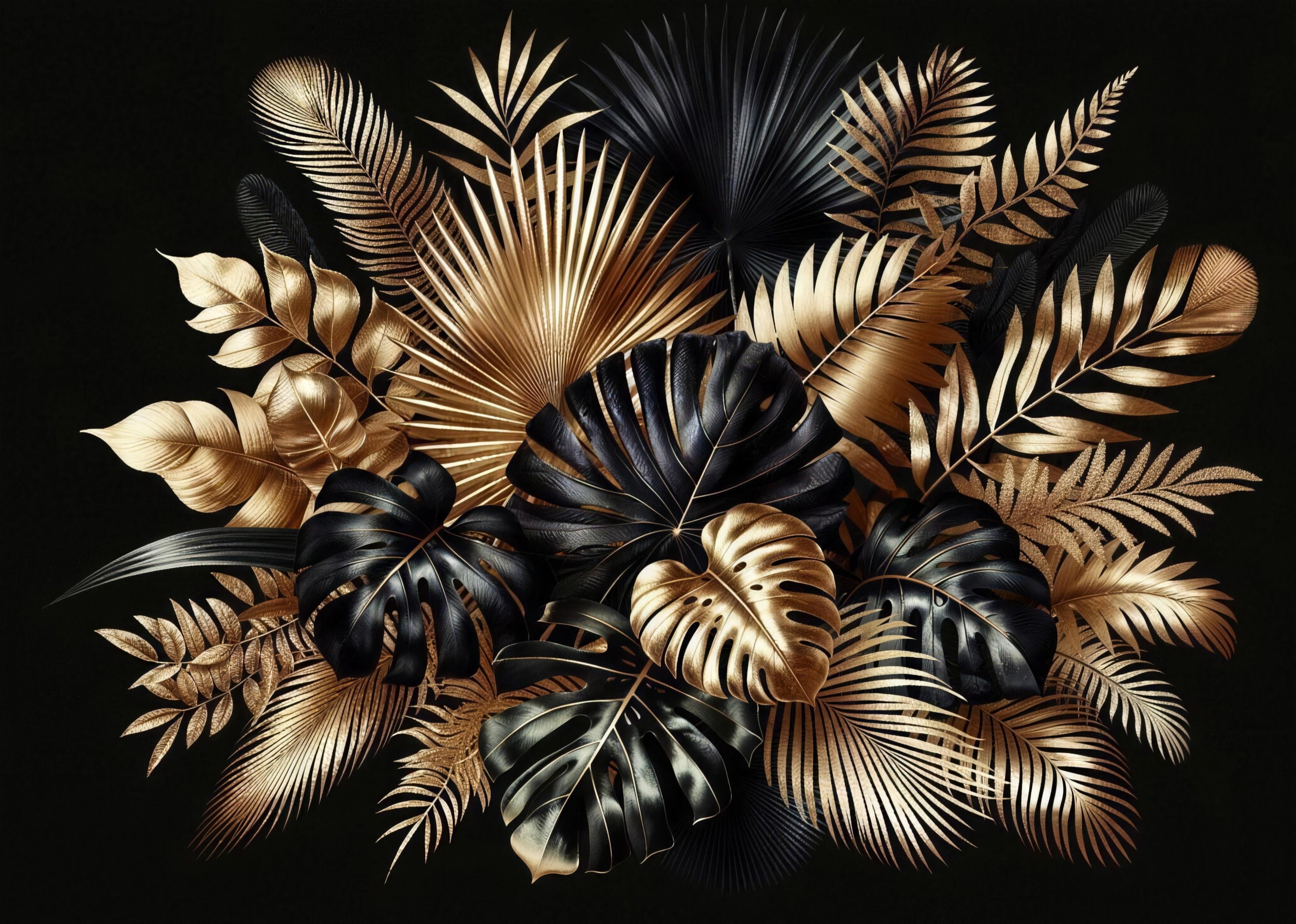 black and gold leaf wallpaper pattern shown flat