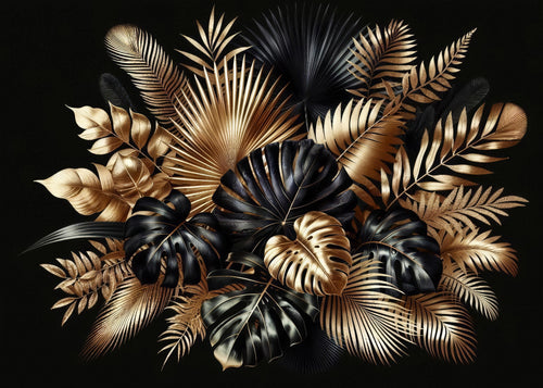 black and gold leaf wallpaper pattern shown flat
