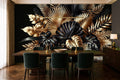 black and gold leaf wallpaper in a dining room