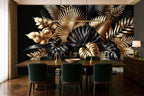 black and gold leaf wallpaper in a dining room