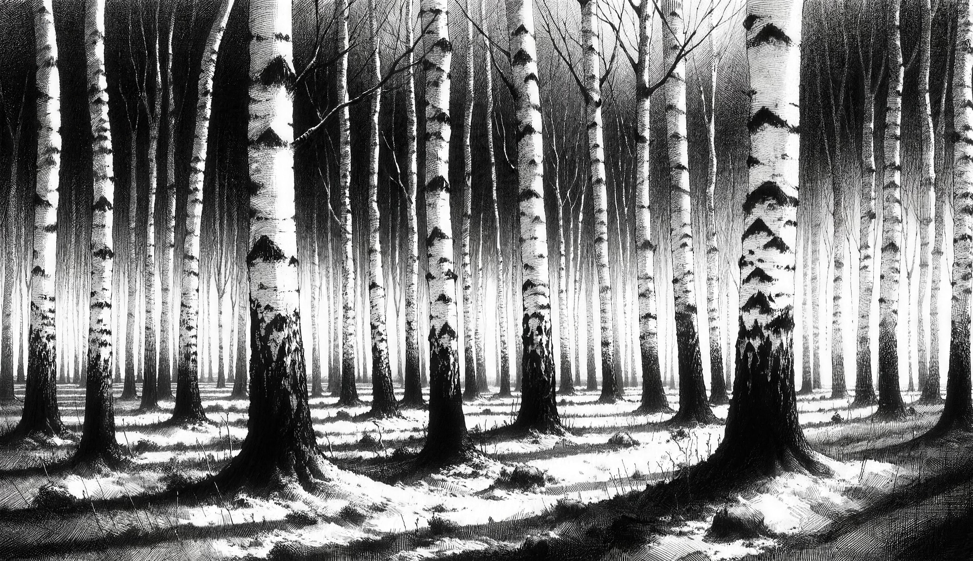 black and white forest wallpaper pattern shown flat