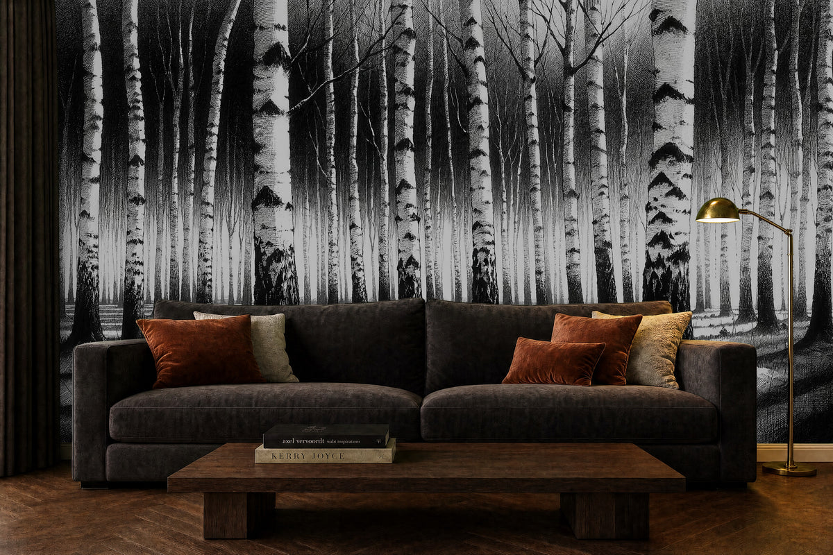 black and white forest wallpaper in a living room