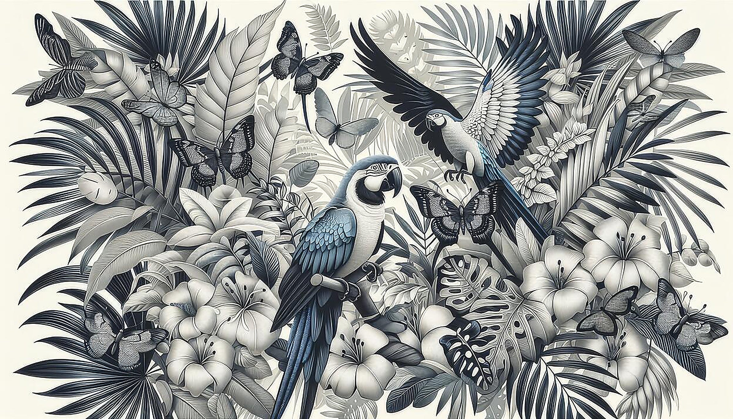 black and white parrot wallpaper pattern shown flat
