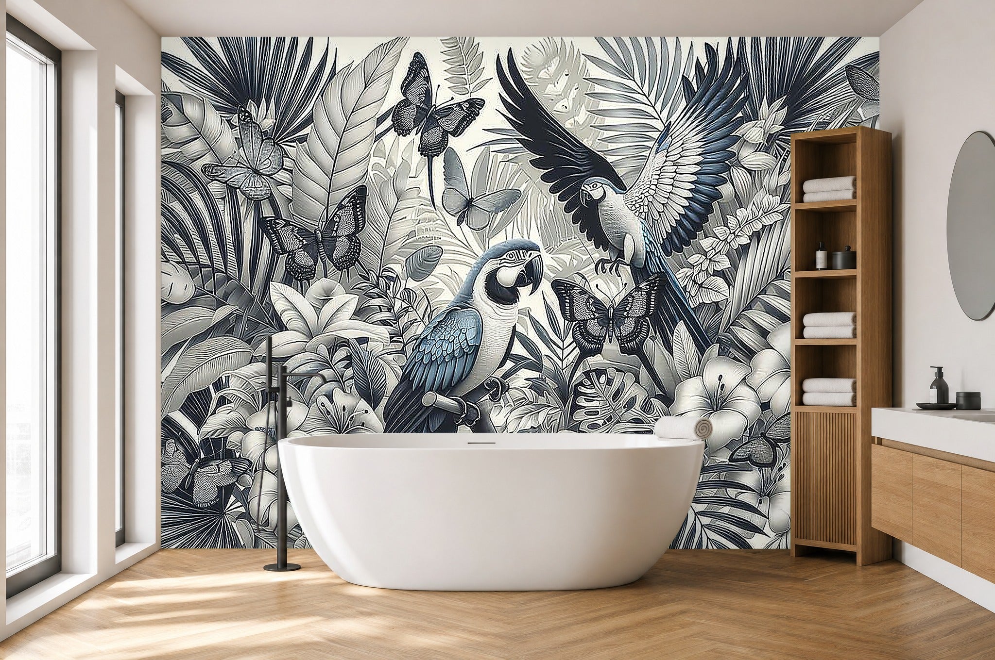 black and white parrot wallpaper in a bathroom