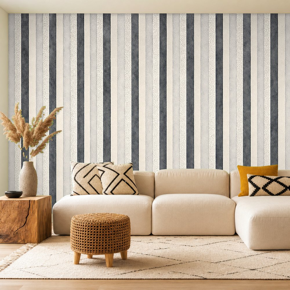 black grey and silver striped wallpaper room