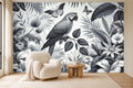 black parrot wallpaper in a living room