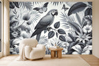 black parrot wallpaper in a living room