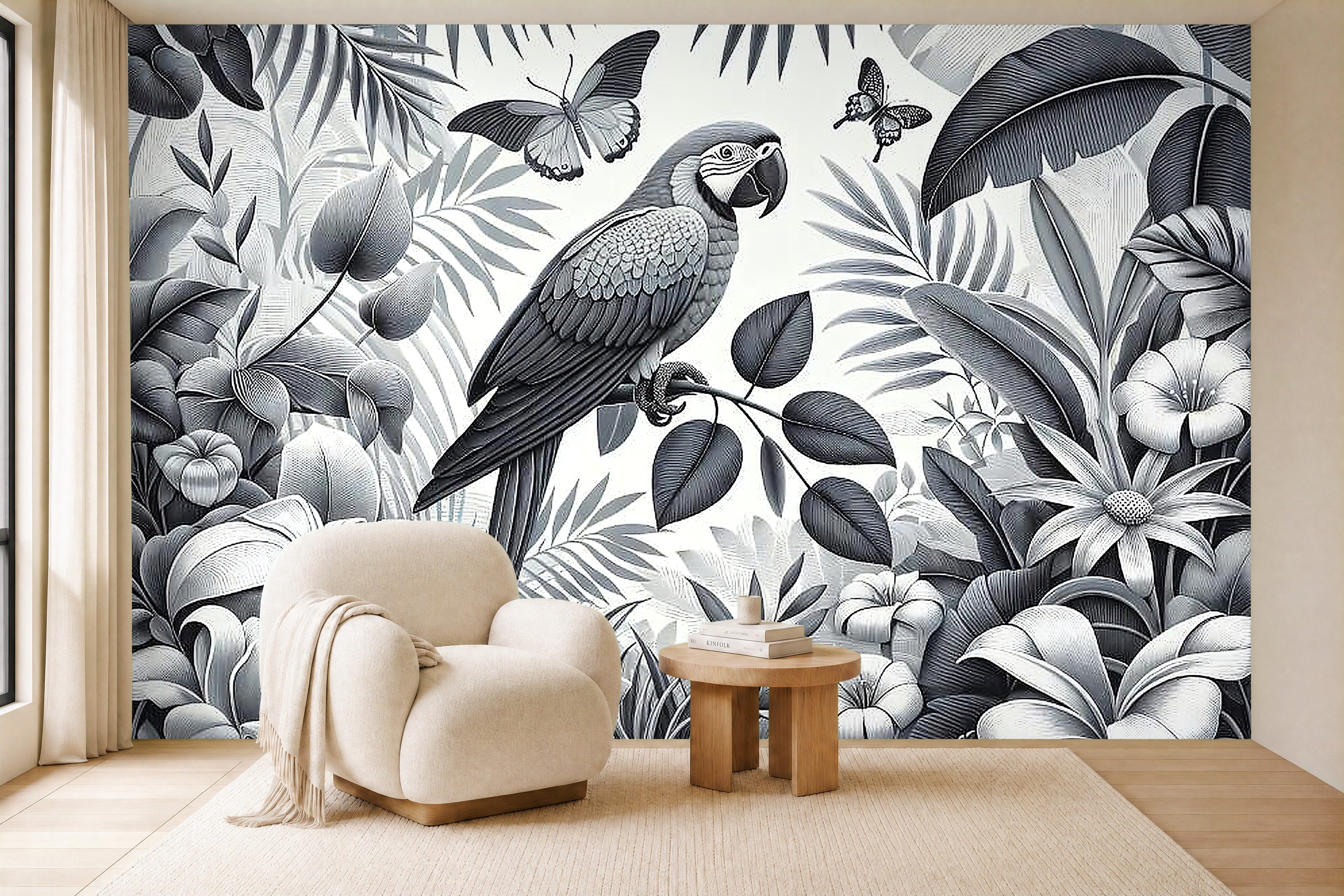 black parrot wallpaper in a living room