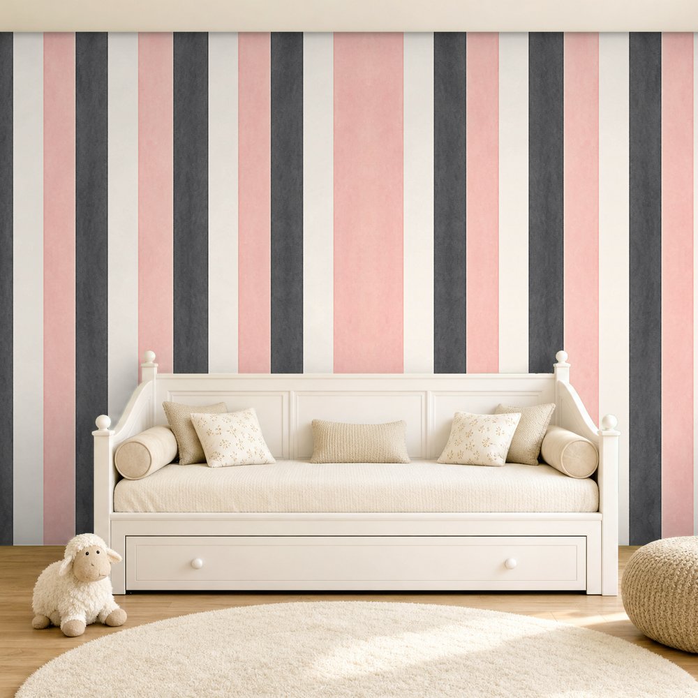 black white and pink striped wallpaper room