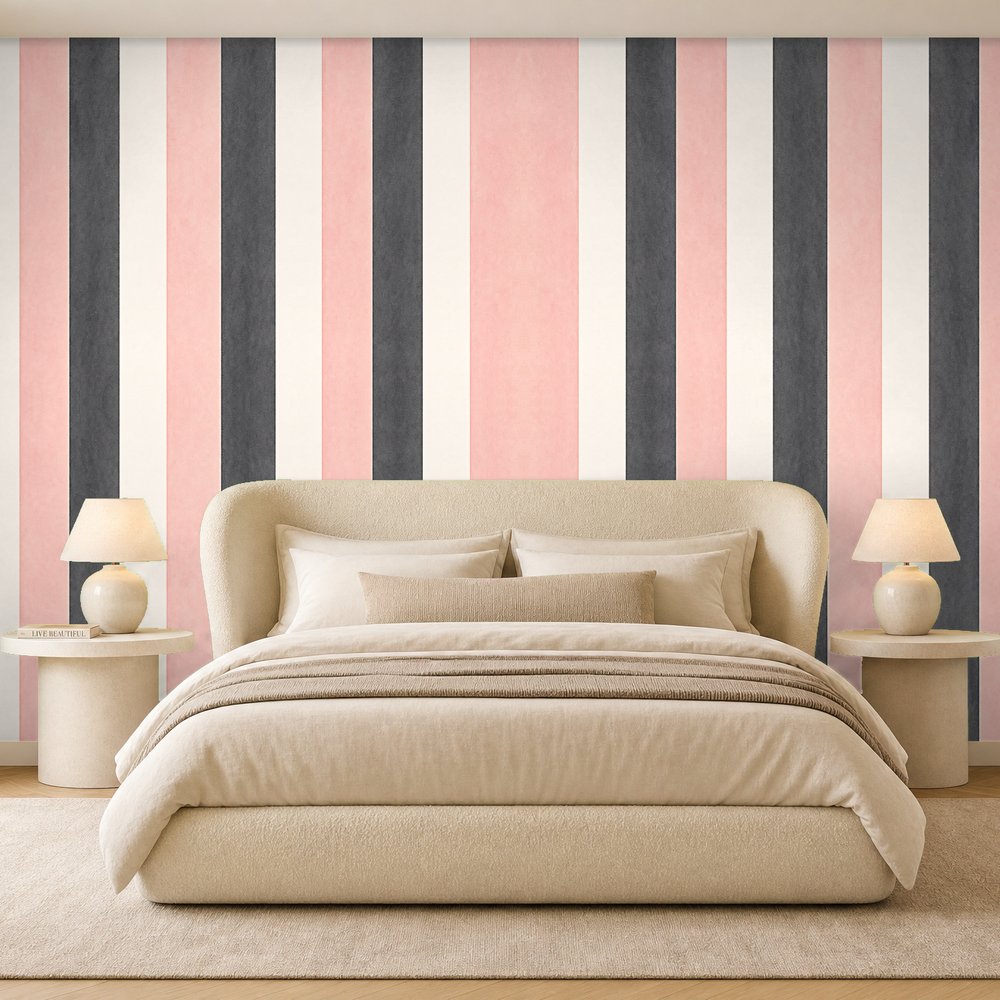 black white and pink striped wallpaper room 2
