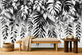 Black and White Leaf Wallpaper — mural on a living room feature wall