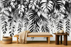 Black and White Leaf Wallpaper — mural on a living room feature wall
