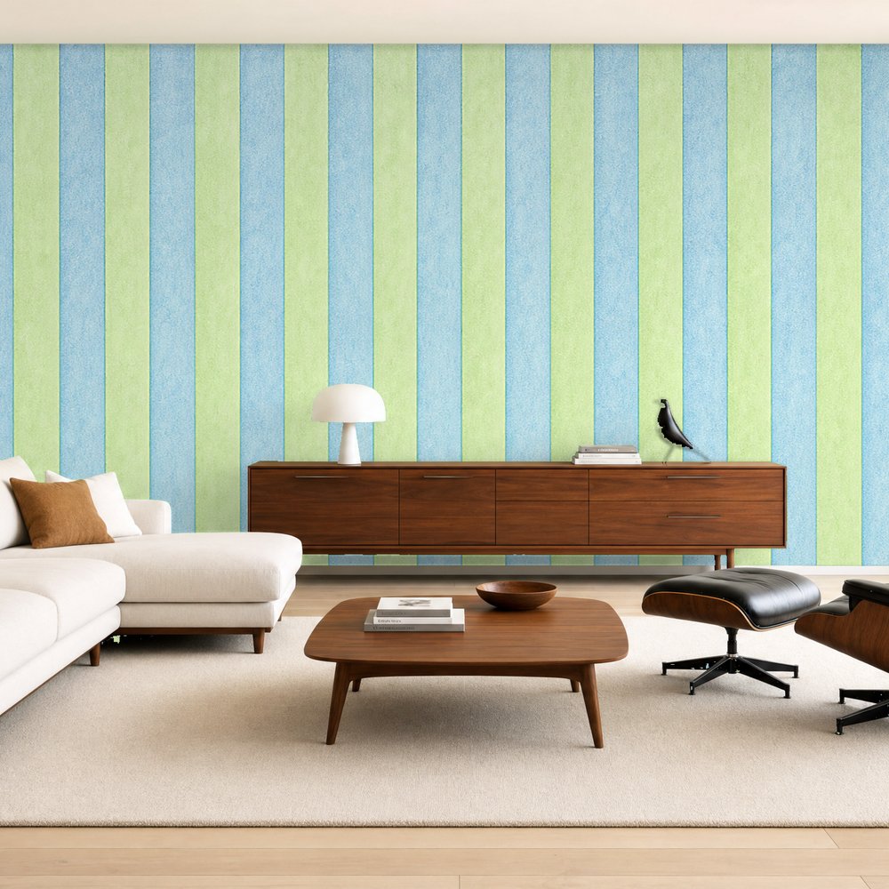 blue and green stripe wallpaper room 2