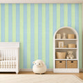 blue and green striped wallpaper room