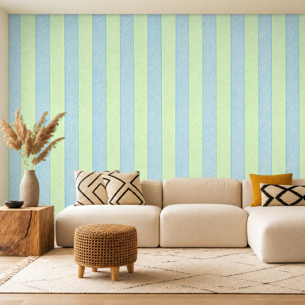 blue and green striped wallpaper room 2