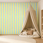 blue and yellow striped wallpaper room