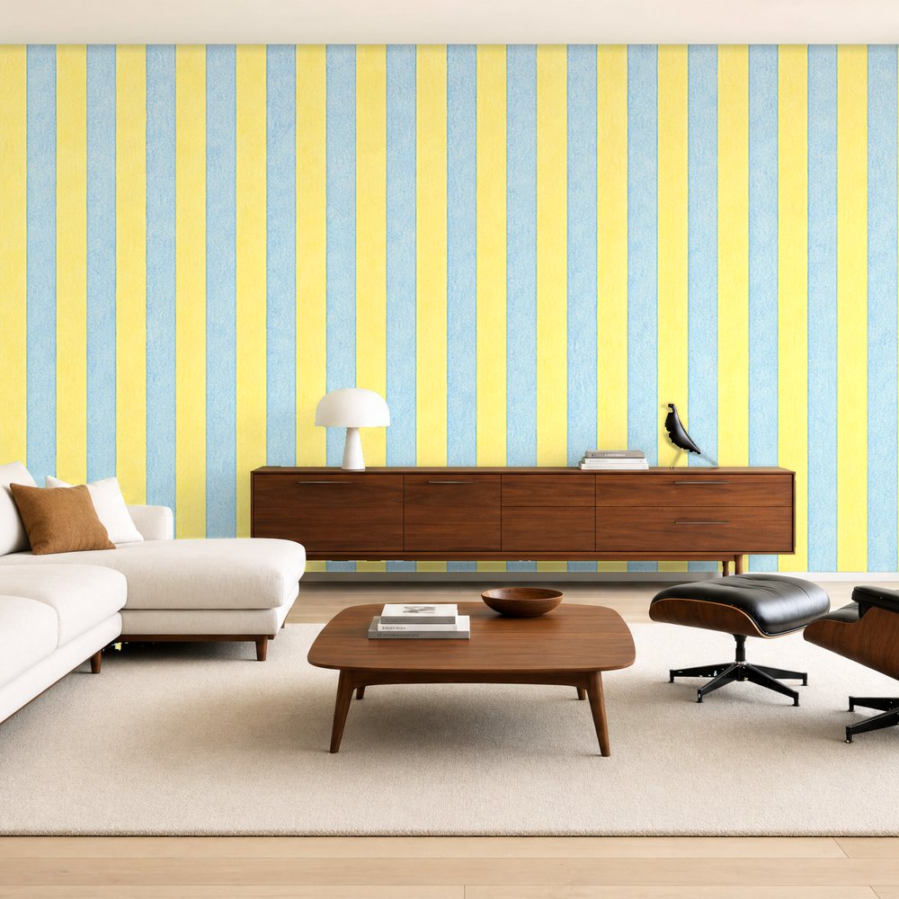blue and yellow striped wallpaper room 2