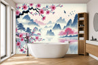 blue cherry blossom tree wallpaper in a bathroom