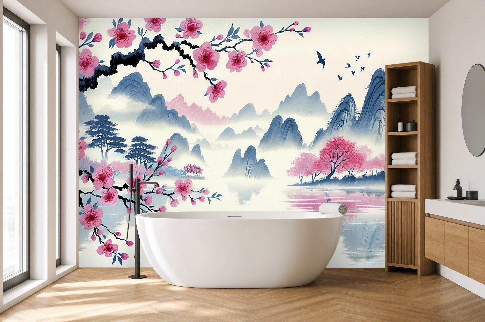blue cherry blossom tree wallpaper in a bathroom
