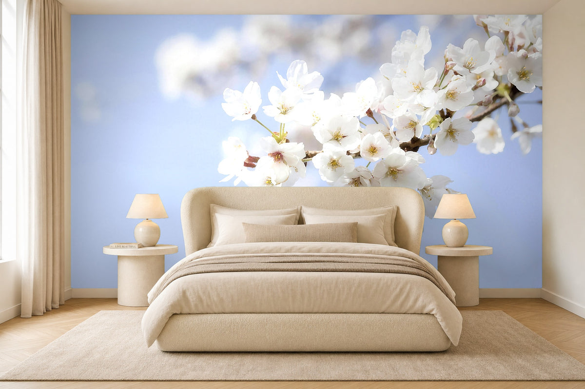blue cherry blossom wallpaper in a bedroom
