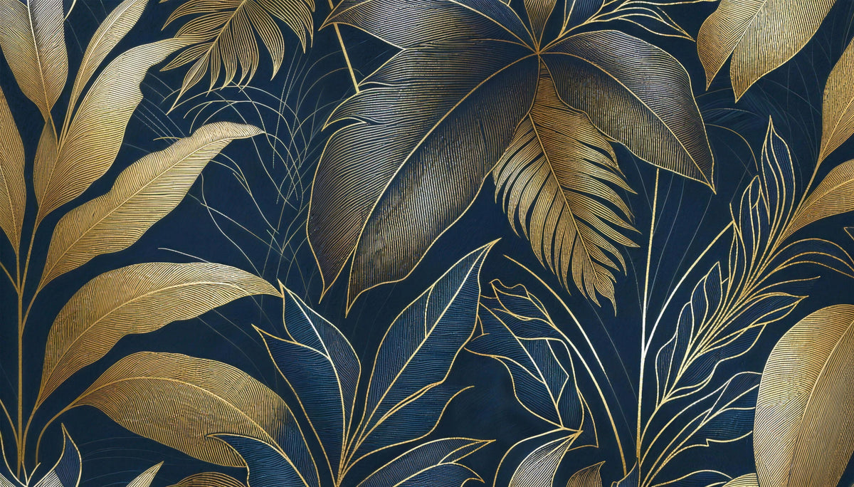 blue gold leaf wallpaper pattern shown flat