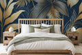 blue gold leaf wallpaper in a bedroom