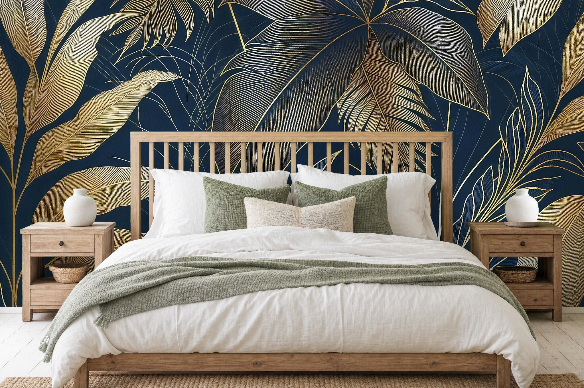 blue gold leaf wallpaper in a bedroom