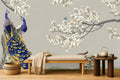 Blue and white peacock wallpaper — magnolia mural on a calm living room feature wall