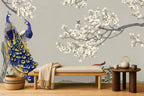 Blue and white peacock wallpaper — magnolia mural on a calm living room feature wall