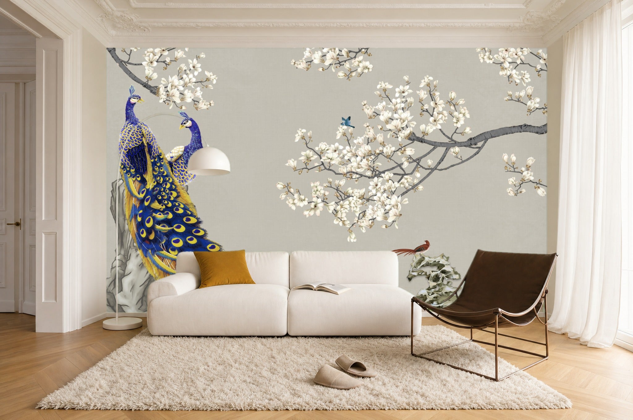Blue and white peacock wallpaper — magnolia mural in an airy Parisian living room