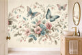 blush pink floral wallpaper in a cloakroom
