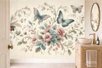 blush pink floral wallpaper in a cloakroom