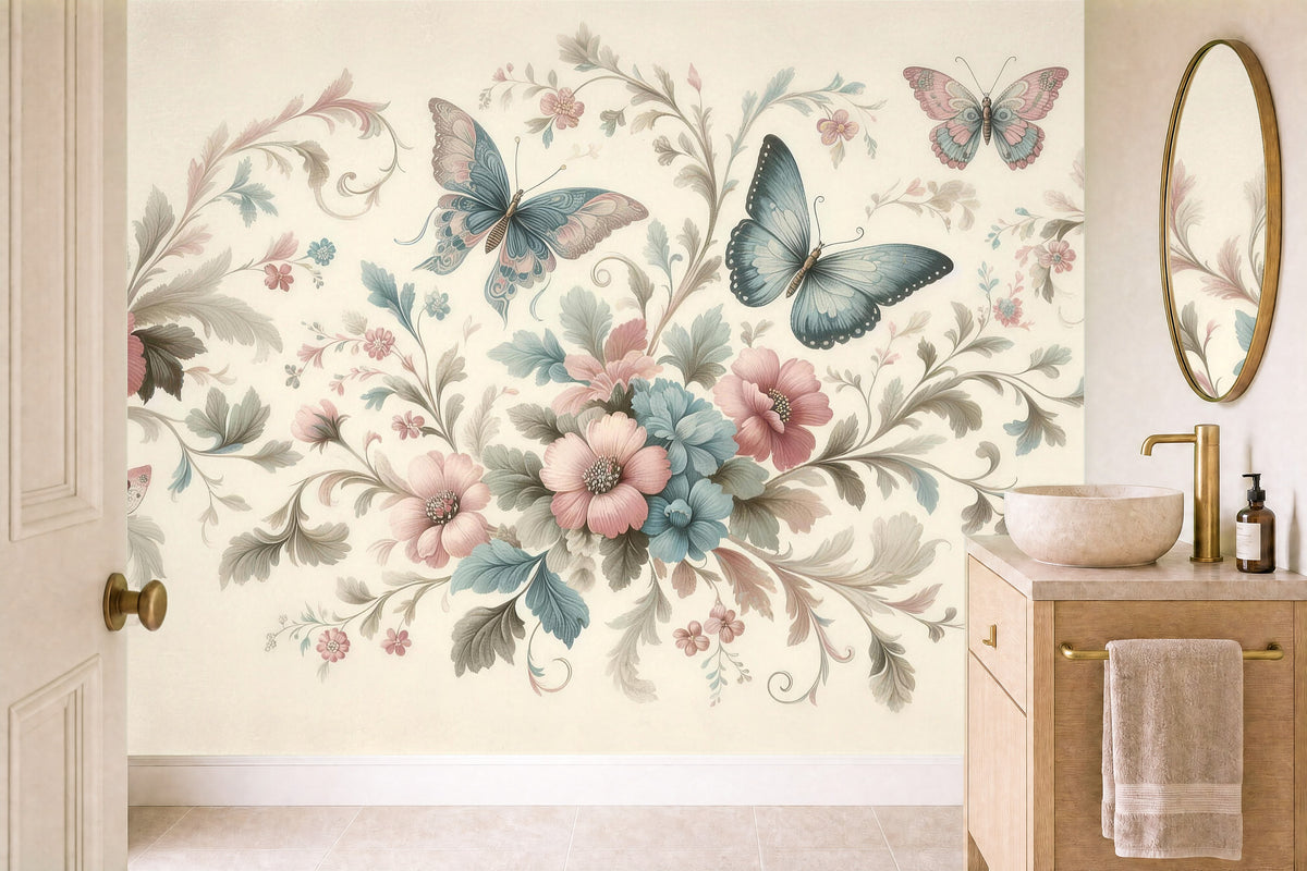blush pink floral wallpaper in a cloakroom