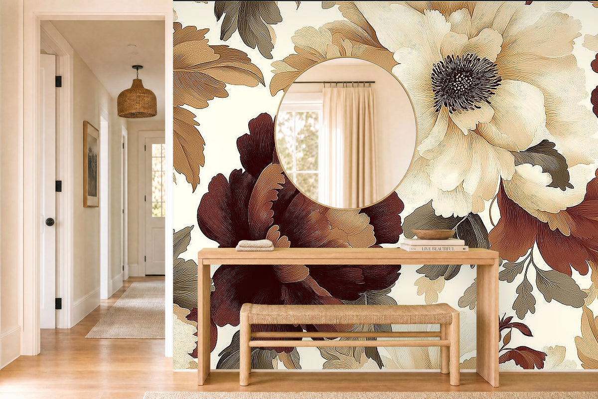 brown floral wallpaper in a hallway
