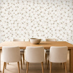 beige floral wallpaper dining room feature wall