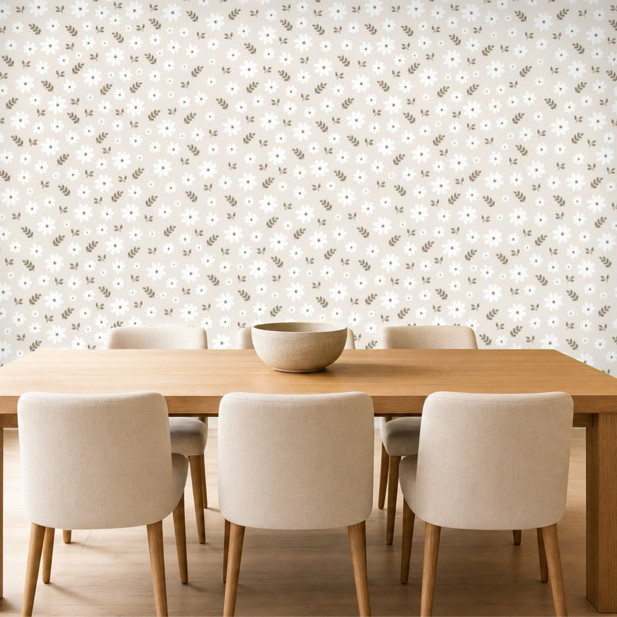 beige floral wallpaper dining room feature wall
