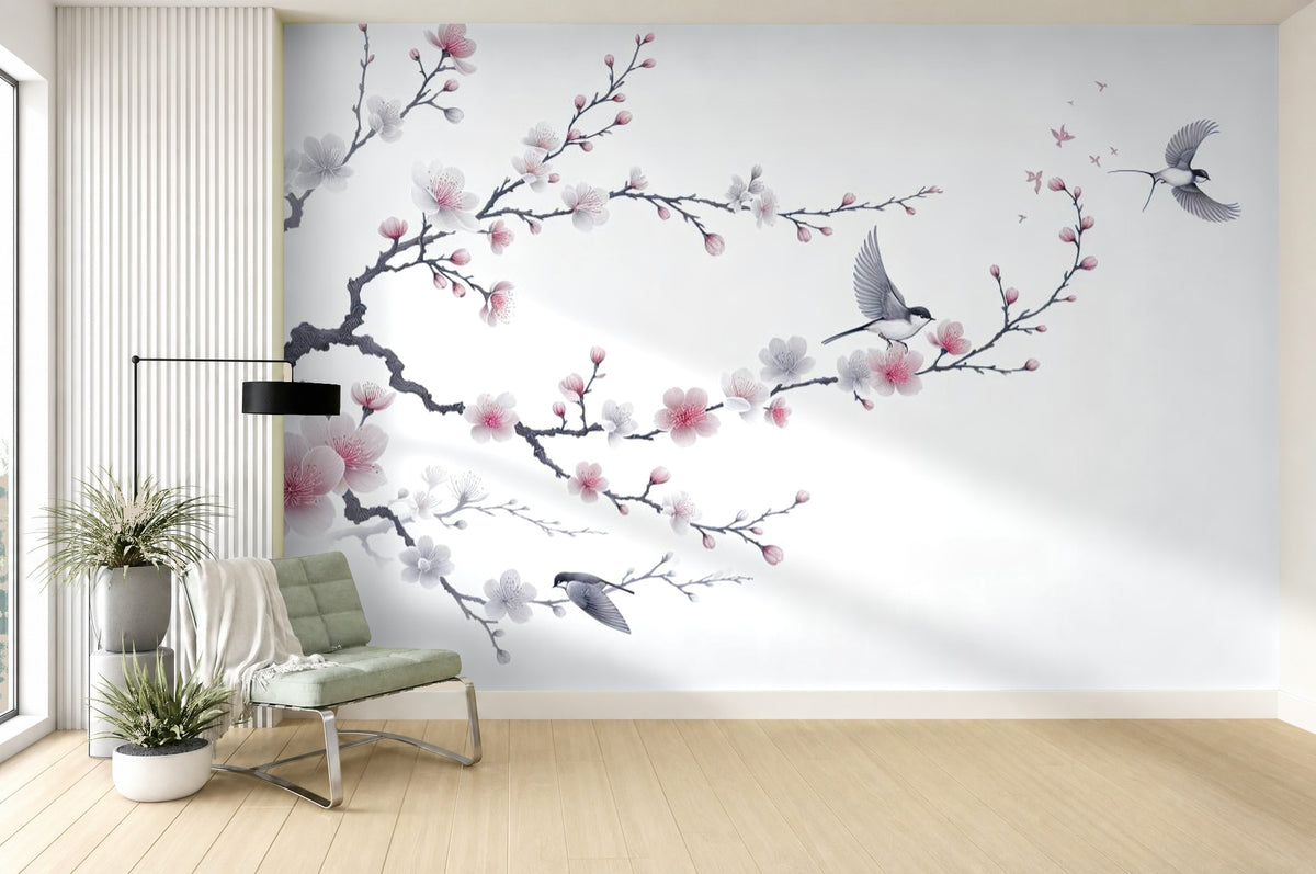 floral with birds wallpaper living room wall