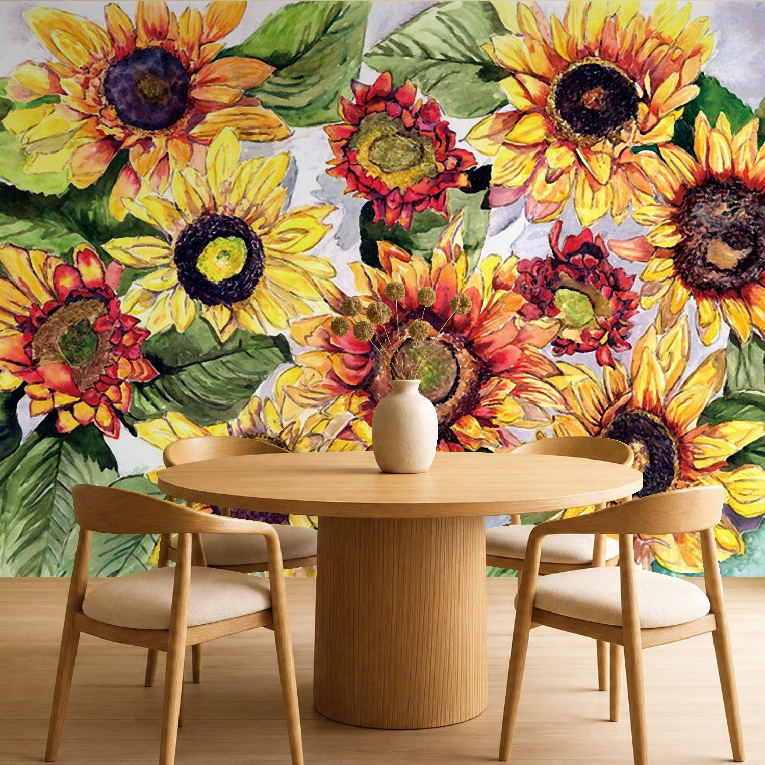 sunflower wallpaper in a dining area